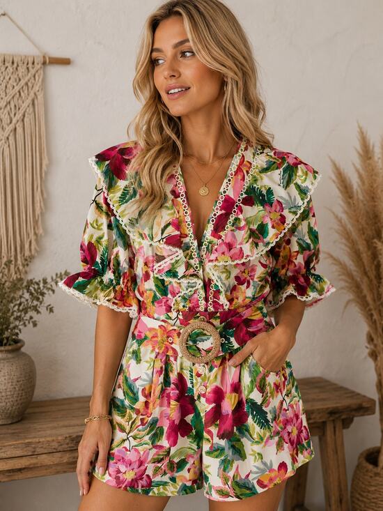 Farm Rio Pants - NWT Farm Rio Floral Painted Romper Belted w/ Pockets Women's XS